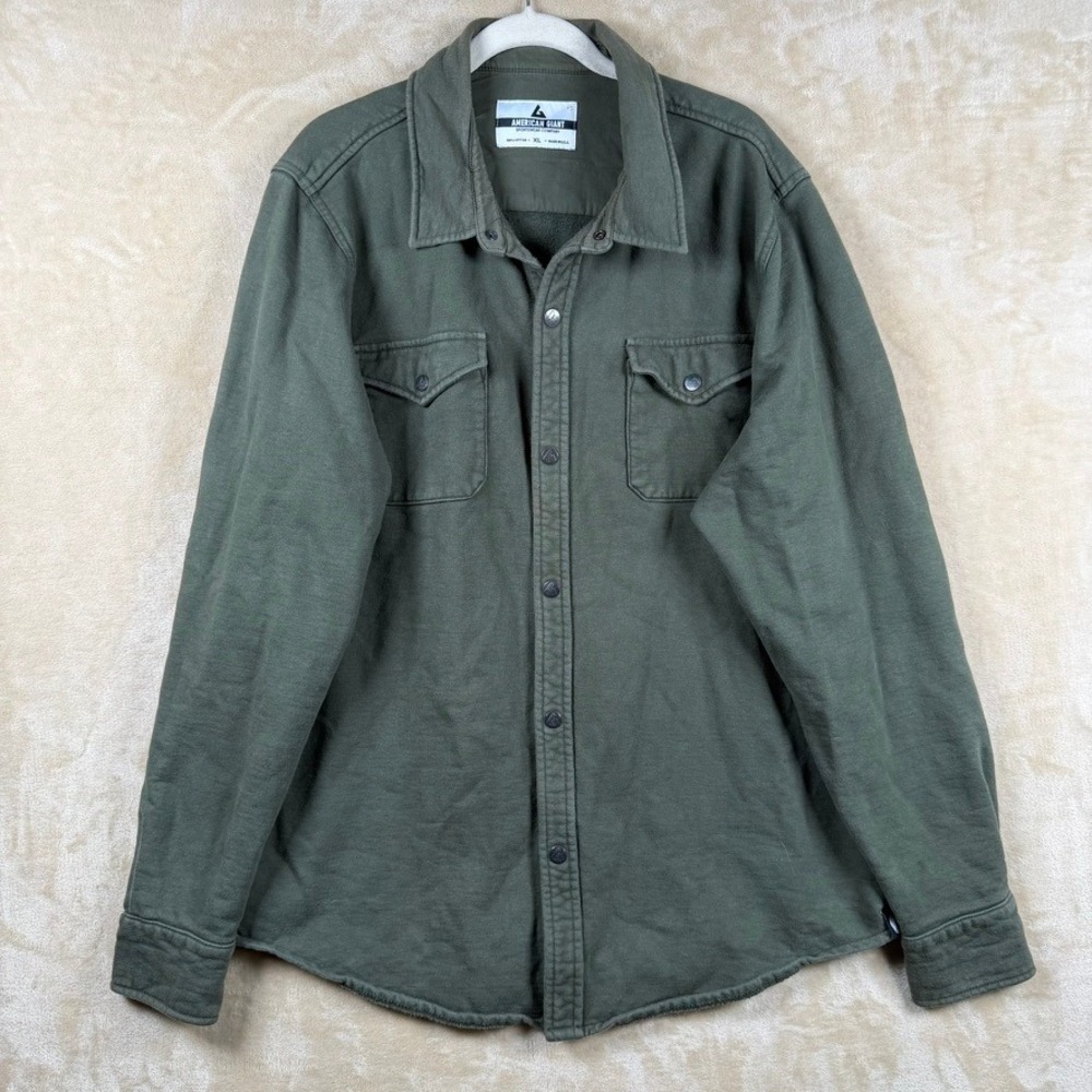 American Giant Mens XL Olive Green Fleece Lined Snap Front Shirt Jacket Made USA